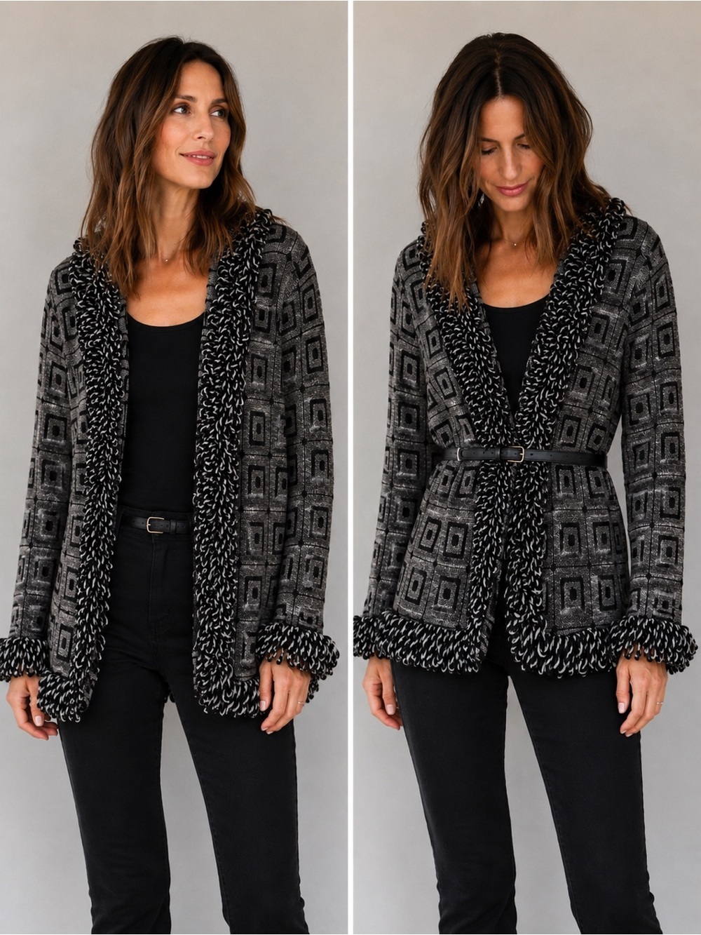 Nicole Alexander 100% Wool Fringe Cardigan Sweater Jacket Gray Black Size L